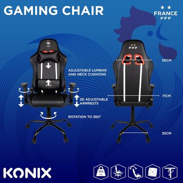 Ігрове крісло Konix FFF Premium, 150° нахил, екошкіра, регульована поперекова та шийна подушка, підголівник, чорне/біле