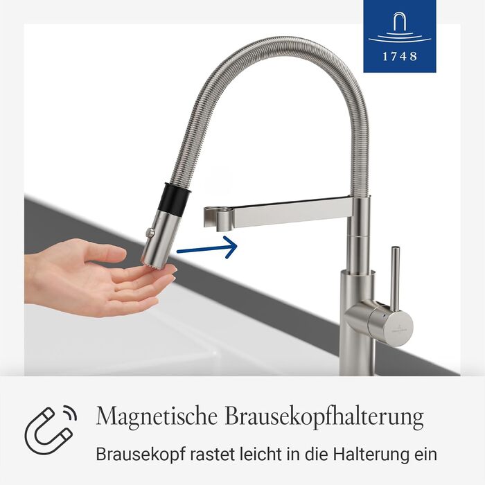 Змішувач кухонний Villeroy & Boch Steel Expert Compact, нержавіюча сталь, з висувним гусаком та перемикачем режимів, для мийки, економія води