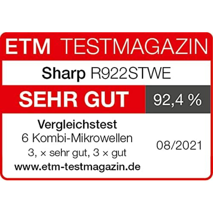 Мікрохвильова піч Sharp R922STWE 3-в-1 з грилем і конвекцією, 32 л, 1000 Вт, інфрачервоний гриль 1100 Вт, конвекція 2500 Вт, 10 авто програм, LED-дисплей, розморожування за вагою, нержавіюча сталь