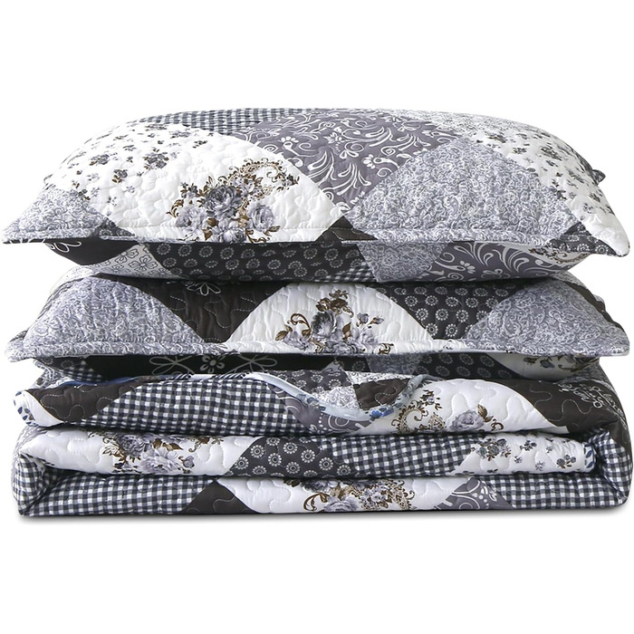 Покривало WONGS BEDDING 220x240 см, стьобане, мікрофібра, патчворк, з 2 наволочками 48x75 см, квітковий візерунок, чорний/сірий