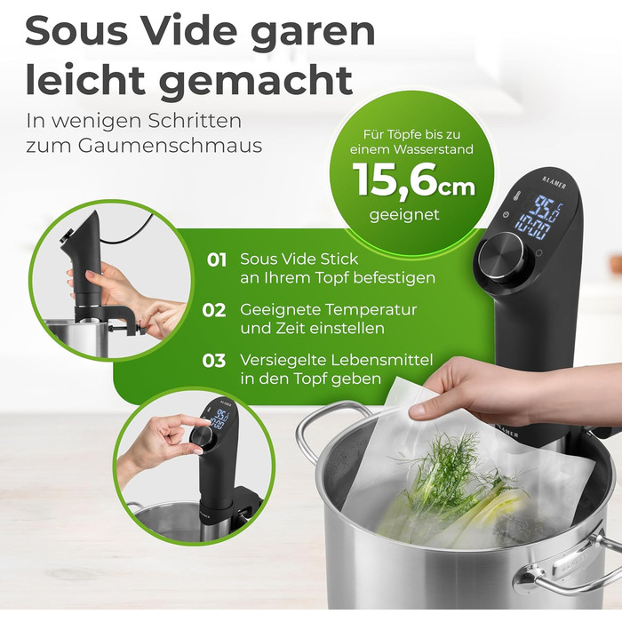 KLAMER Sous Vide Stick 1200W: Погружний циркулятор для су-від з 3D циркуляцією, LED дисплеєм та таймером