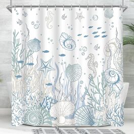 Душова штора Lerores 240x200 см, морське дно, антипліснява, текстильна, важкий край, водовідштовхувальна, поліестер, 16 люверсів, кільця, для ванної та душу