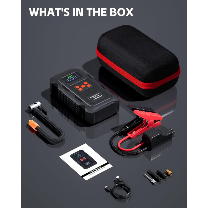 Пусковий інвертор Povasee 6000A з компресором 150 PSI та Powerbank, бустер для авто 12V з електричним насосом та ліхтариком (Помаранчевий/Чорний)