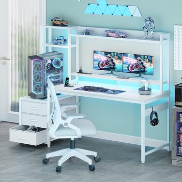 Ігровий стіл Coleshome з LED-підсвіткою, розеткою, полицями та шухлядами 137x48 см (Білий карбон)