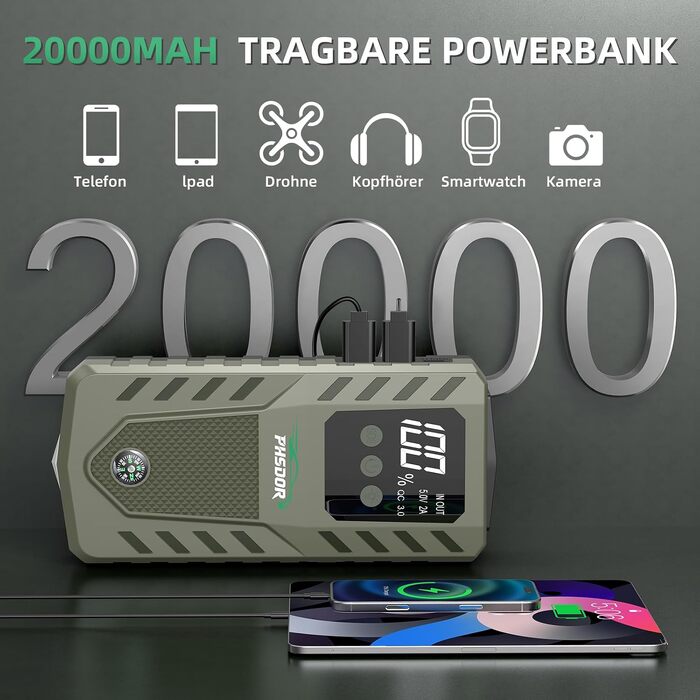 Бустер акумулятора 12V 6000A Jump Starter Powerbank 20000mAh для авто (бензин до 10.0L, дизель до 8.0L) з LED ліхтарем