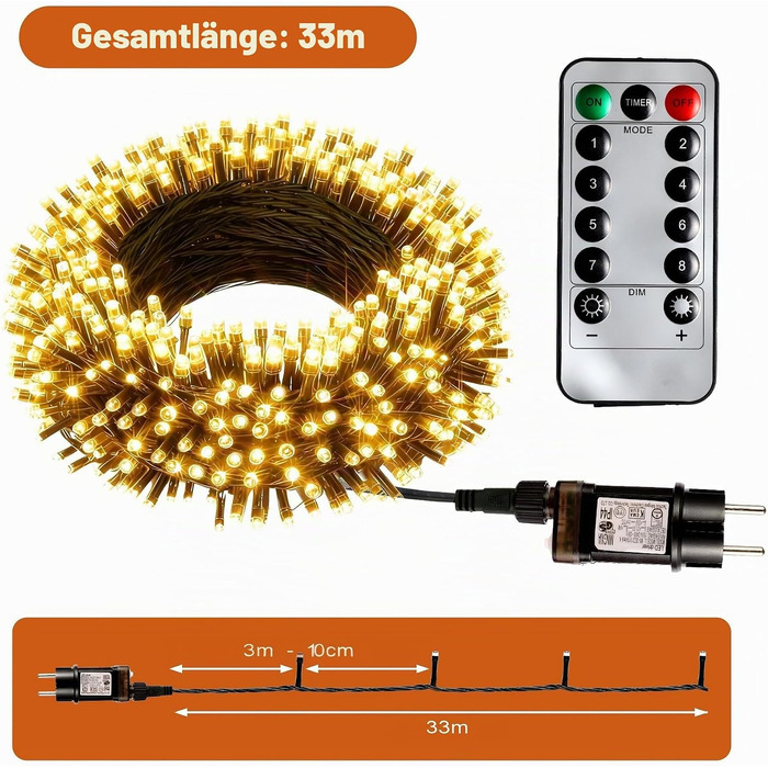 Світлодіодна гірлянда для ялинки та вулиці 500 LED, 30м, теплий білий колір, водонепроникна з таймером та 8 режимами освітлення, зелений кабель
