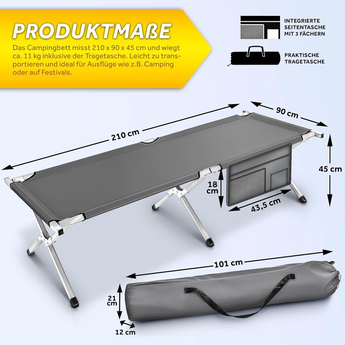 Розкладне польове ліжко TRESKO XXL 210x90x42 см, метал, до 150 кг, сіре