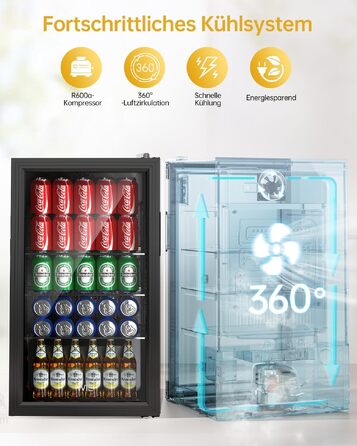 Міні-холодильник для напоїв WIE на 86 літрів з glass-дверима, LED-підсвіткою та низьким рівнем шуму, чорний (на 68 бляшанок) — для офісу, бару та кімнати