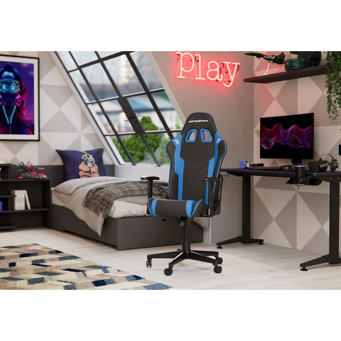 Ігрове крісло DXRacer PRINCE L чорне та синє, оригінал, PVC шкіра