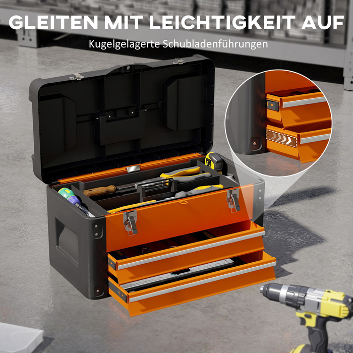Набір інструментів порожній, 49,7 x 25,3 x 28,9 см. Ящик для інструментів з висувною шухлядою, міні-бокс зі сталі, помаранчевий.