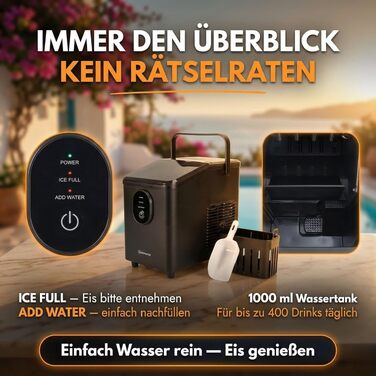 Sommertal EM12S Льодогенератор 12 кг/24 год: Машина для льоду з ручкою, швидке виробництво кулеподібного льоду (0,3 кг за 20 хв), тиха робота (50 дБ) для кухні, офісу та вечірок