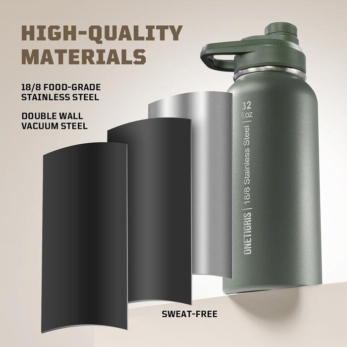 Фляга спортивна OneTigris Edelstahl 0.9л (32oz) - ізольована, для велосипеда, кемпінгу, йоги, спортзалу, страйкболу, зелена