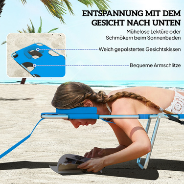 Outsunny Sun Lounger Складний садовий шезлонг з вікном для читання, подушка, шезлонг з регульованою спинкою в 5 напрямках, стійкий до погодних умов шезлонг для кемпінгу з навантаженням до 120 кг, для садового пляжного басейну, синій