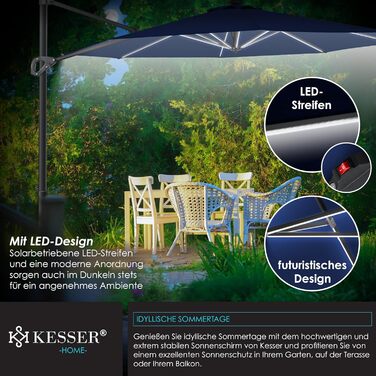 Сонячна парасолька KESSER XL 330 см з LED-підсвічуванням, сонячною батареєю, чохлом, вітрозахистом, 7-позиційним регулюванням, нахилом, обертанням 360°, для саду, з ручкою, захист від UV50+, темно-синя