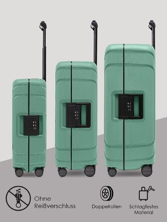 Набір валіз REDOLZ Essentials 15 (S, M, L) з поліпропілену, Sea Green: 3-точкова система замикання без блискавки, TSA-замок, 4 подвійні колеса