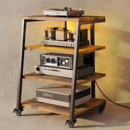 Стійка для Hi-Fi апаратури на 4 рівні з розетками, регульованими полицями, колесами та LED-підсвічуванням (керування через додаток) | 60x51x85 см | Дерев'яно-сталева стійка для програвачів, медіа-пристроїв