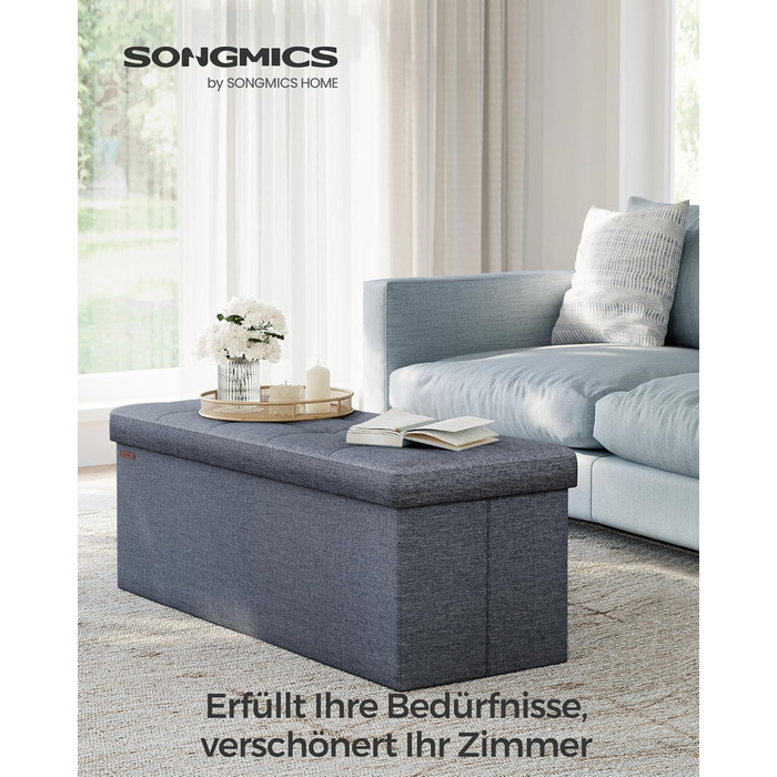 Складаний пуф SONGMICS з місцем для зберігання, 110×38×38 см, до 300 кг, нейлоновий, неоново-блакитний, для вітальні, спальні, передпокою