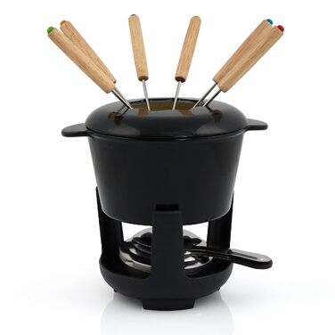 Набір для фондю BBQ-Toro з чавунного казана на 6 осіб, 1 л, 13 предметів (з пальником та вилками) для сиру, м'яса та шоколаду, чорний емальований