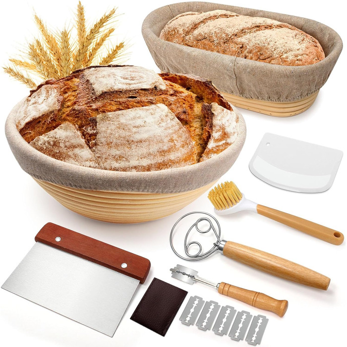 Набір для випічки хліба Brot: 2 корзини (23см круглі, 25см овальні), тейгшкребок, мішалка, тканинний вкладиш & лам, 100% ротанг