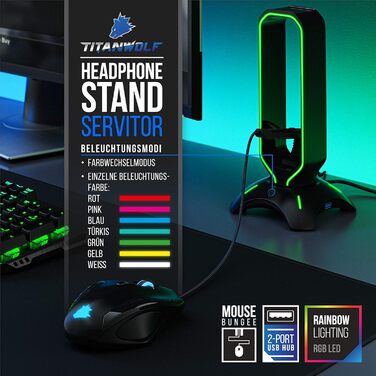 Підставка для ігрових навушників Titanwolf з LED підсвіткою, USB-хабом 2x USB 3.2 Gen1, мишебанджі, 6 RGB кольорів, зміна підсвітки