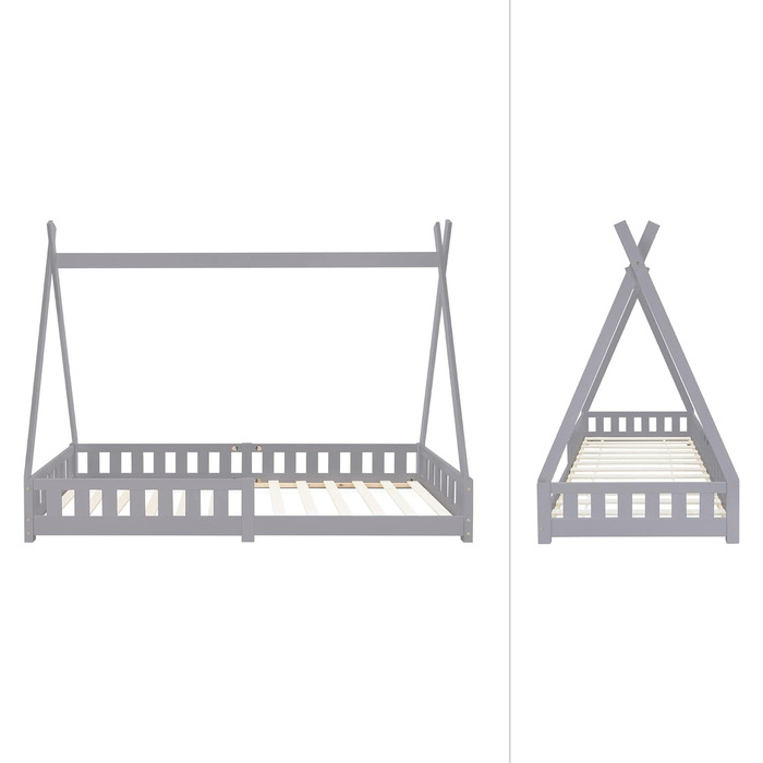 Дитяче ліжко Tipi ML-Design 90x200 см, світло-сіре, з бортиком і ламелями, з масиву сосни, індіанський будиночок для дівчаток і хлопчиків, ігрове ліжко-затишне намет-домік