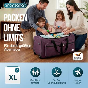 Дорожня сумка на колесах MONZANA XL 85л з телескопічною ручкою, м'який дорожній багаж, фіолетова (70x36x34 см)