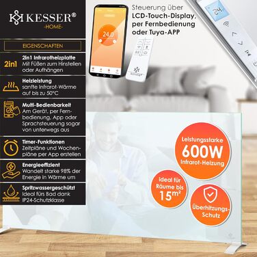 Інфрачервоний обігрівач KESSER 600Вт, скляний конвектор, енергоощадний, 2в1 – підлоговий і настінний, електрообігрівач з датчиком відкритого вікна, термостатом, керуванням через додаток і пульт, білий
