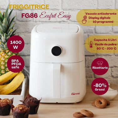 Аерофритюрниця Girmi FG86 Ecofrit Easy на 5 літрів, 1400 Вт, 6 програм, дисплей з поворотним регулятором, таймер, книга рецептів