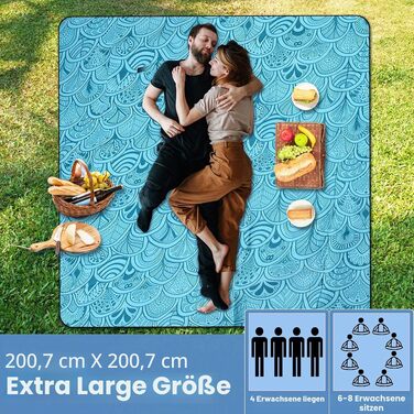 Водонепроникний плед для пікніка ZOMAKE XXL 200x200 см, велика ізольована підстилка для кемпінгу, що миється, з ручкою для перенесення (колір: павлиновий синій)