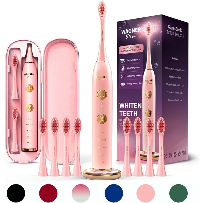 Електрична зубна щітка Wagner Stern WHITEN+ Edition з датчиком тиску. 5 режимів чищення, 3 рівні інтенсивності, 8 насадок, преміум-чехол. Зелений (Рожевий)