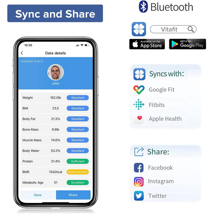 Ваги для вимірювання жирової маси тіла Vitafit з Bluetooth та додатком, 180 кг, чорні, аналізатор складу тіла, індекс маси тіла, м'язова маса
