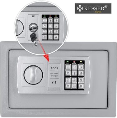 Електронний сейф KESSER 31x20x20 см, LED-дисплей, подвійний ригель, настінний та меблевий, кодовий замок, сріблястий, з підсвіткою та монтажним комплектом