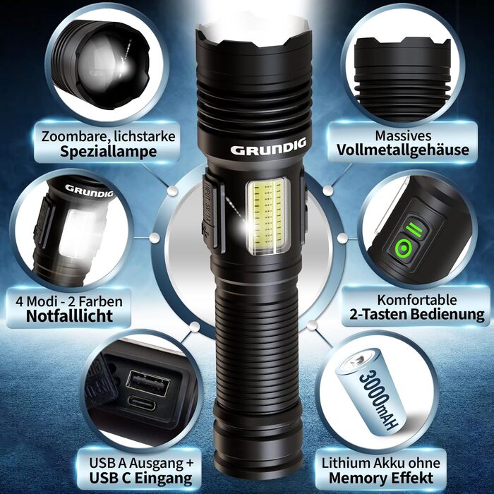 Ліхтарик GRUNDIG LED акумуляторний, надяскравий, з іонною технологією, аварійною USB-зарядкою, додатковим робочим світлом, міцний алюмінієвий корпус, потужний Li-акумулятор