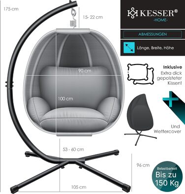 Підвісне крісло-кошик KESSER Luxe з м'якою подушкою, спинкою та захисним чохлом для саду і дому, металевий каркас, сірої, до 150 кг
