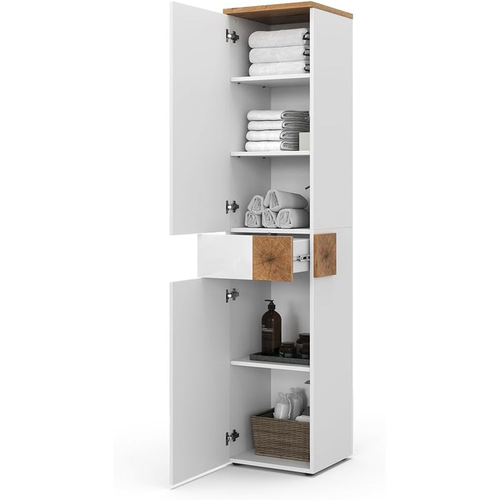 Високий шафа для ванної Vicco Eden, білий глянець/дуб Артизан, 40x184,2 см, 2 двері, шухляда