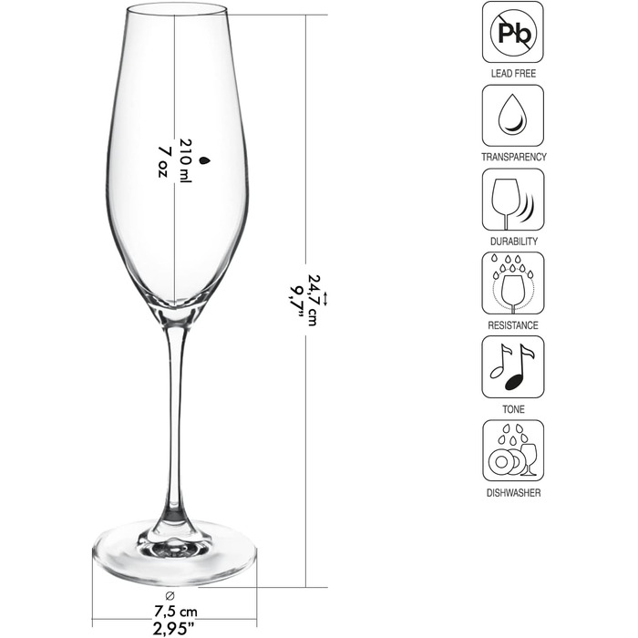 Набір келихів для шампанського KROSNO Champagnergläser Set (6 шт.) 210 мл, Splendour, скло без свинцю, елегантний дизайн, для шампанського, просекко та святкових заходів