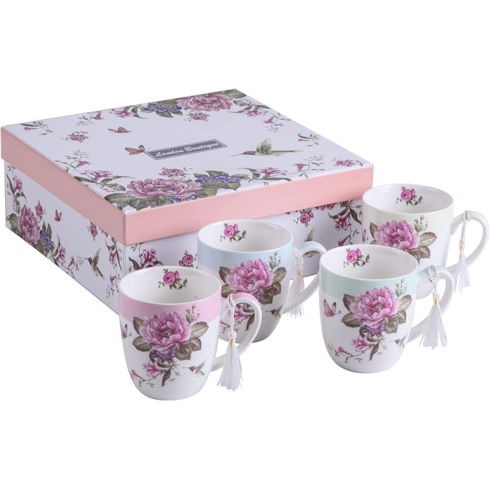 Комплект чашок для кави London Boutique K414, 330 мл, рожевий, 4 шт. (Porzellan, Shabby Chic, Vintage)