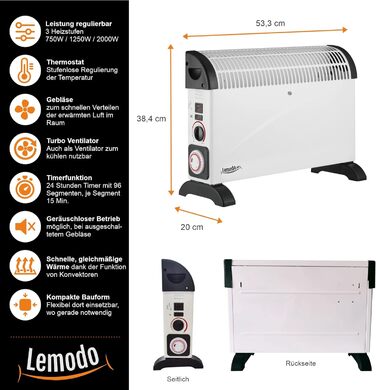 Електричний конвектор LEMODO 2000 Вт, мобільний, 3 режими, енергозберігаючий, з таймером і турбо, без газу та олії