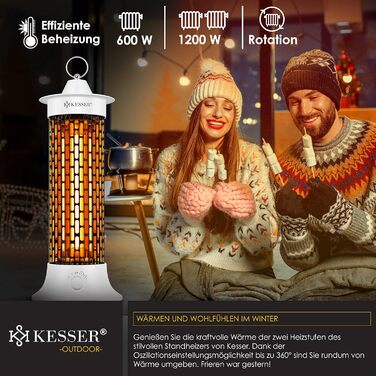 Інфрачервоний обігрівач KESSER 1200 Вт, електричний, енергоефективний, з 360° обертанням, для приміщень та тераси, IP55, білий