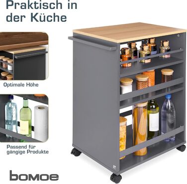 Кухонний візок на колесах bomoe Bengt, 3 рівні, регульовані полиці, дуб і антрацит, універсальний сервірований візок з деревини FSC, для кухні, ванної, офісу, 50x38x79 см
