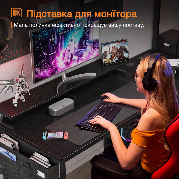 Кутовий письмовий стіл ODK L-подібний, чорний, 140x80x84,7 см, реверсивний, з 4 шухлядами, 2 USB та 2 розетками, комп'ютерний стіл для домашнього офісу