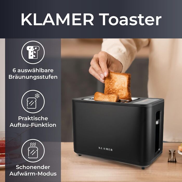 Тостер KLAMER з підставкою для булочок, 2-слотовий, 6 рівнів підсмажування, сенсорний дисплей, лоток для крихт, матовий чорний