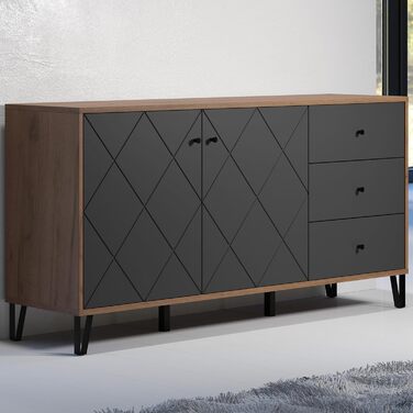 Сервант trendteam smart living Montez, сірий/дуб, 2 двері, 3 шухляди, фрезеровані фасади, металеві ніжки, 183x76x40 см