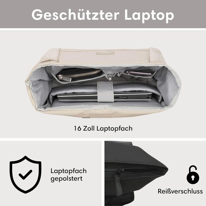 Жіночий рюкзак LARKSON Rolltop бежевий, водостійкий, антивандальний, для ноутбука 16'', школа, університет, велосипед, екологічний