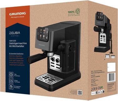 Еспресо-кавоварка GRUNDIG KSM 5330 з молочним контейнером, 1628 Вт, 15 бар, двійна насадка, сенсорний дисплей, BrewSense, CreamyPro, нержавіюча сталь/чорна