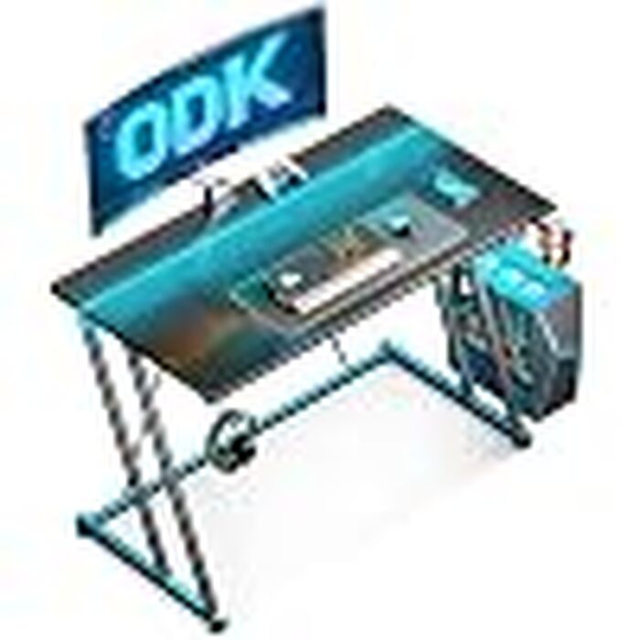 Ігровий стіл ODK з LED-підсвіткою, розеткою, підставкою для напоїв та гачком для навушників, вугільцевий стіл для ПК, Z-подібний каркас, вуглецеве покриття, чорний, 100 см