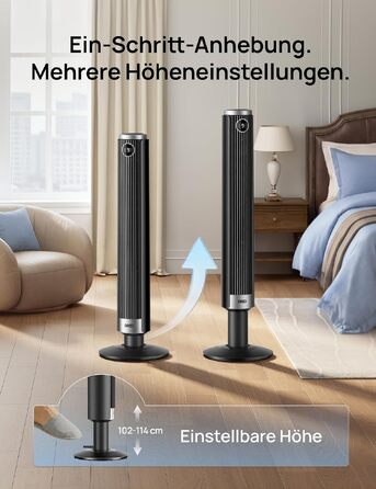 DREO Smart Tower Fan 102-114 см - Вежний вентилятор з пультом, 9 режимів, 4 режими, 90° осциляція, 12 год таймер, DC мотор, надтихий (20 дБ), для дому та офісу, чорний