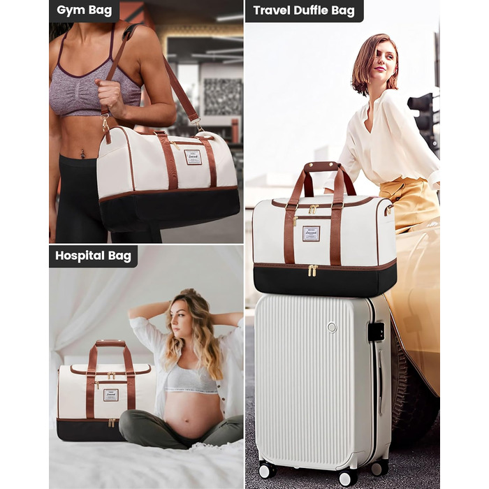 Сумка-рюкзак LOVEVOOK 37L для подорожей, вихідних, пологового будинку, спорту та фітнесу. Водостійка, з відділенням для взуття та мокрих речей, ручна поклажа для авіаперельотів (M, Бежево-чорно-коричневий)