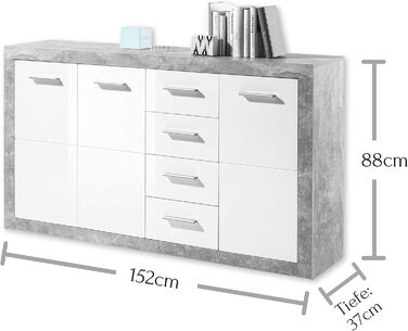 Комод STONE з шухлядами, білий глянець, бетон, 152x88x37 см – сучасний комод з великим місцем для зберігання для вітальні