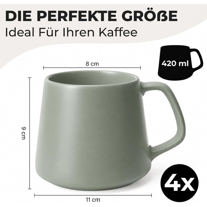 Набір керамічних чашок для кави та чаю MIAMIO Luxe Collection (4 шт, 420 мл) — великі чашки для капучино та еспресо, підходять для мікрохвильової печі та посудомийки, колір Evergreen